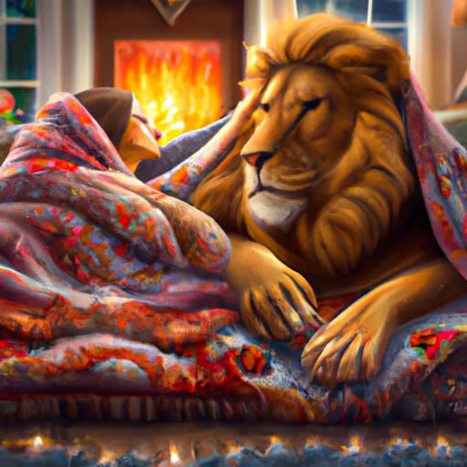 Person and Lion in Cabin, Digital Matte Painting