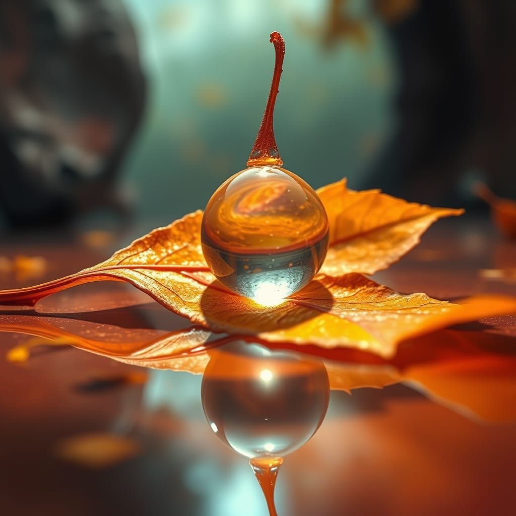 Water Droplet on Autumn Leaf in Fantasy Style