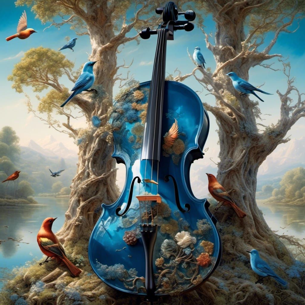 Cello and Tree Double Exposure in Oil Painting Style
