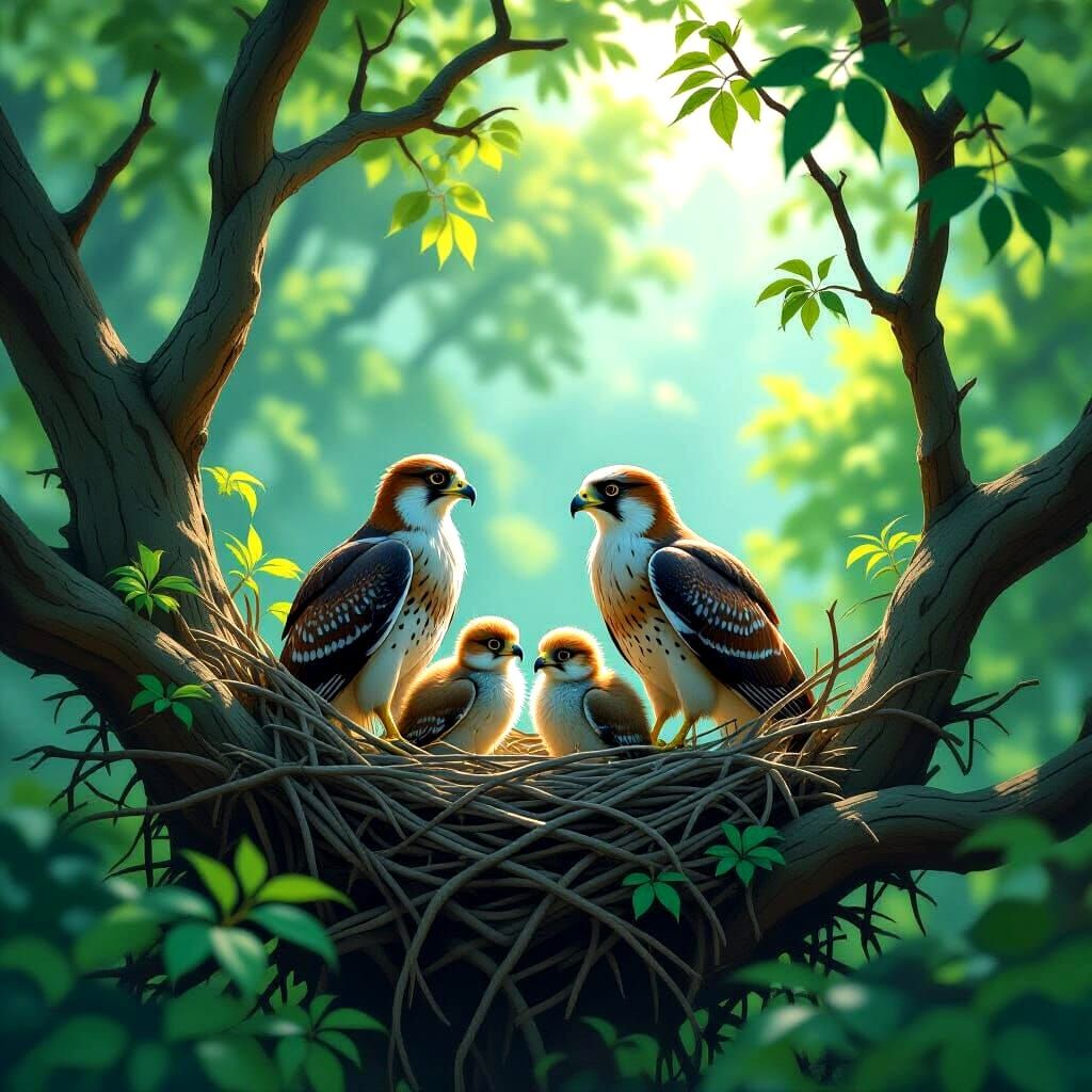 Falcons Protecting Chicks, Matte Painting in Forest