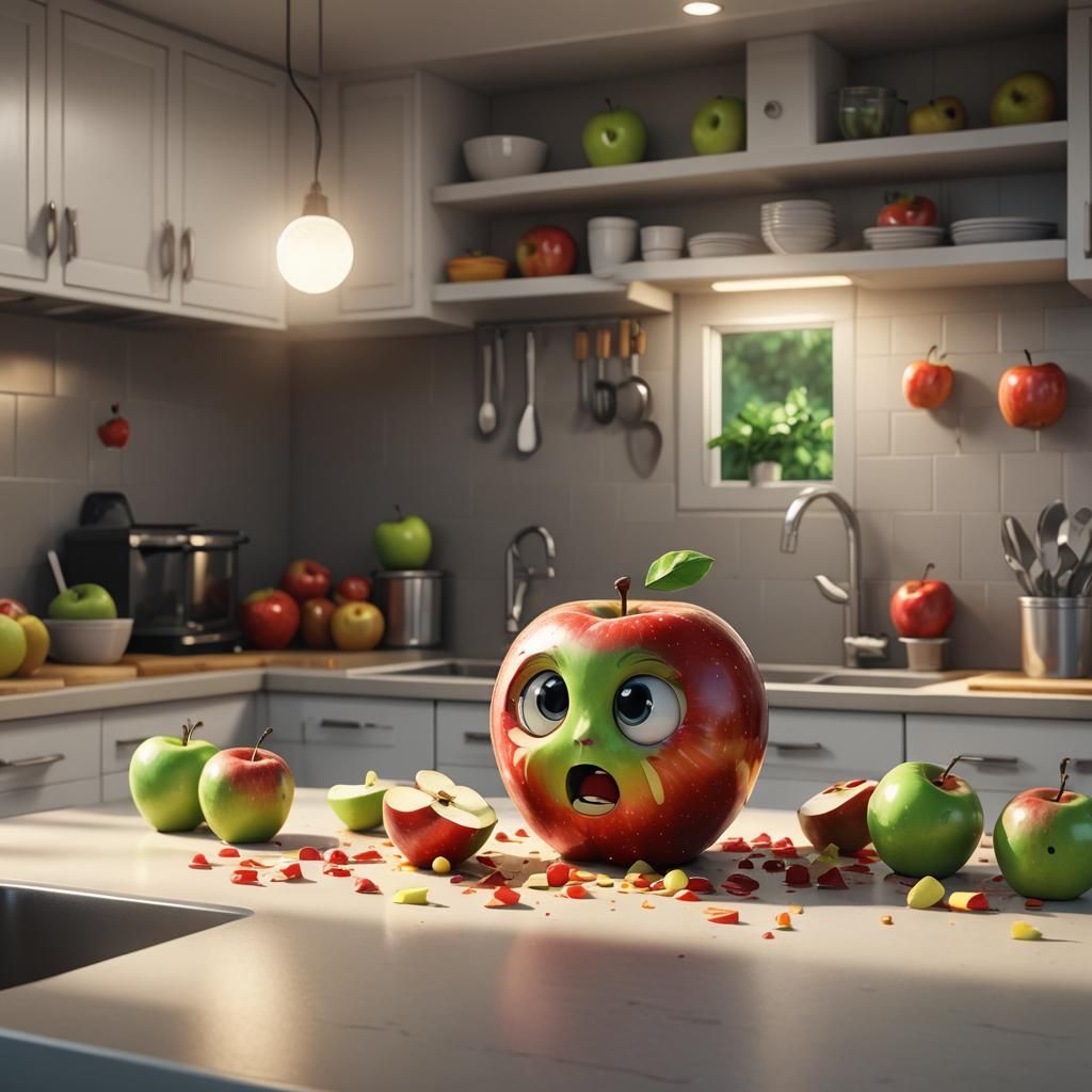 Terrified Apple in Kitchen: Detailed Digital Illustration