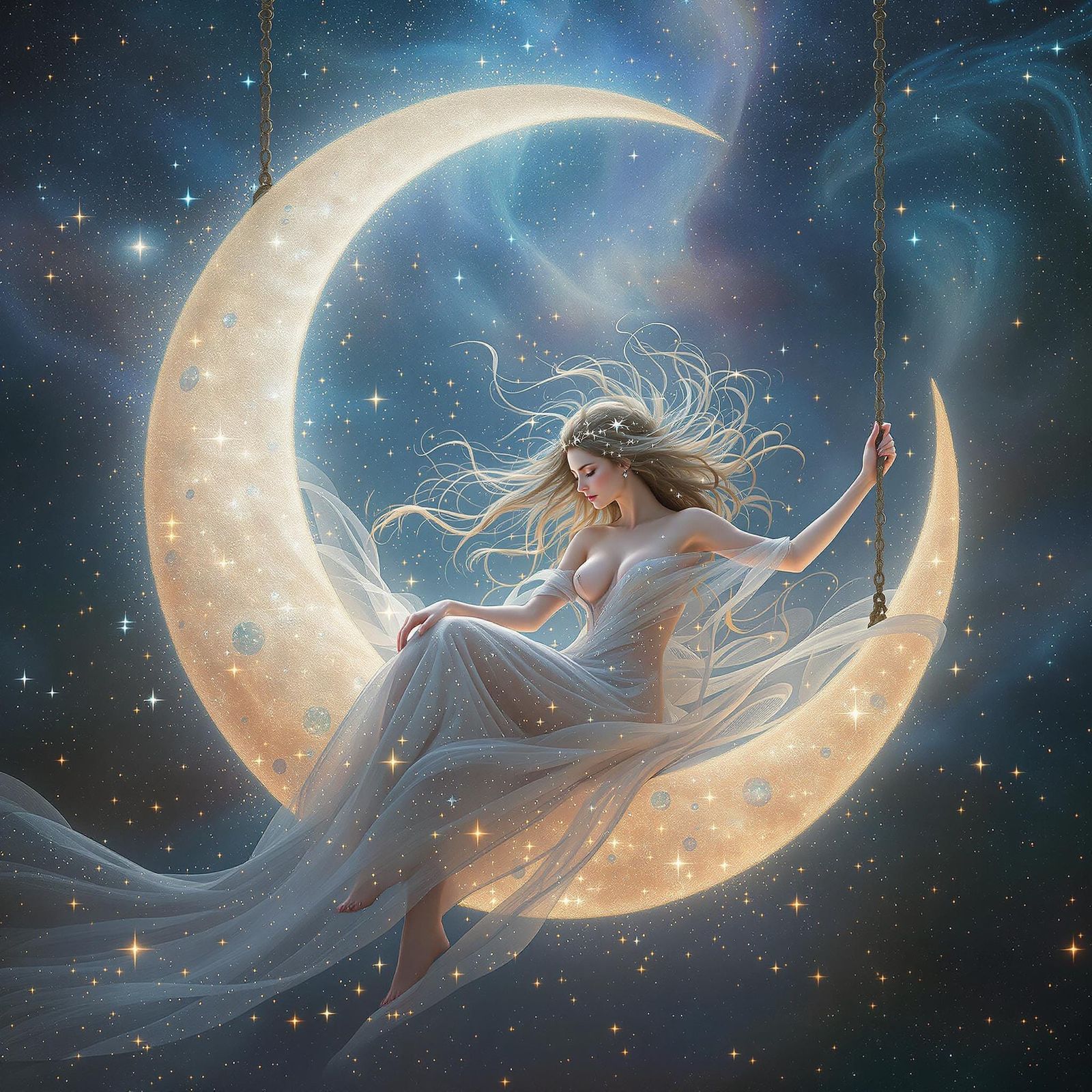 Dream Weaver on Moon Swing in Nebula, Hyperrealistic Style