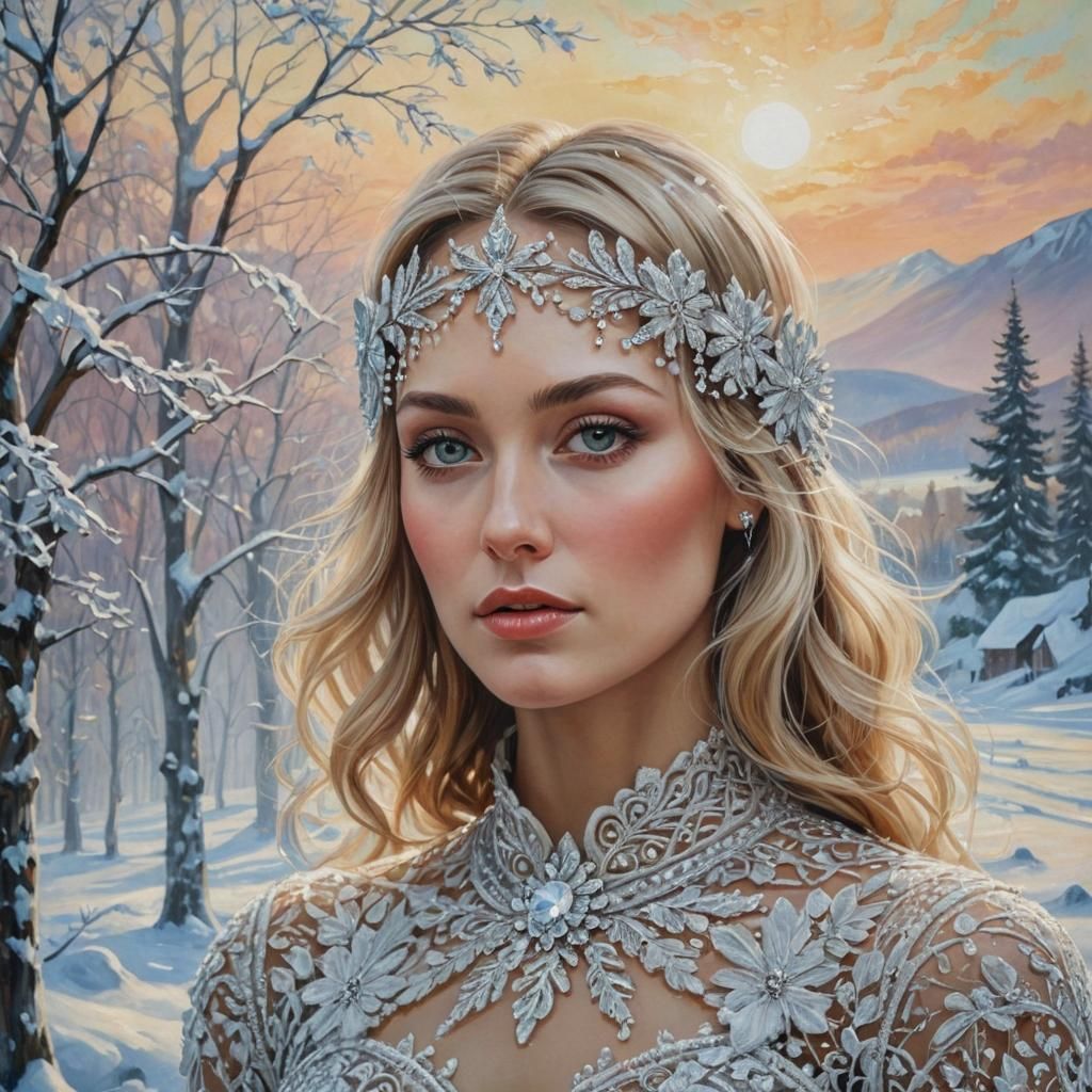 Regal Woman in Snow-Crusted Landscape