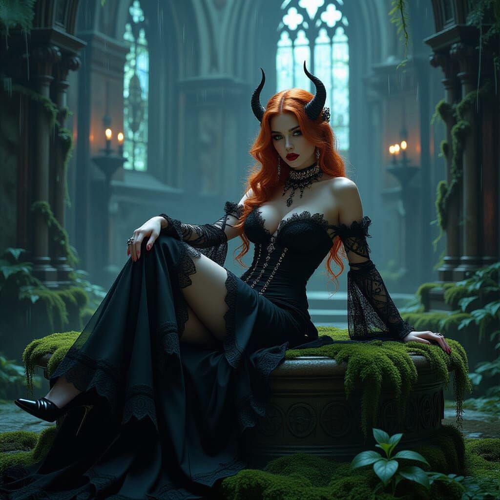 Demoness in Gothic Cathedral, Gritty Surreal Style
