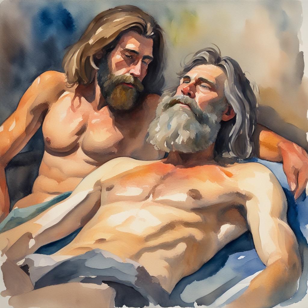 Watercolor of Two Men Embracing in Gouache Style