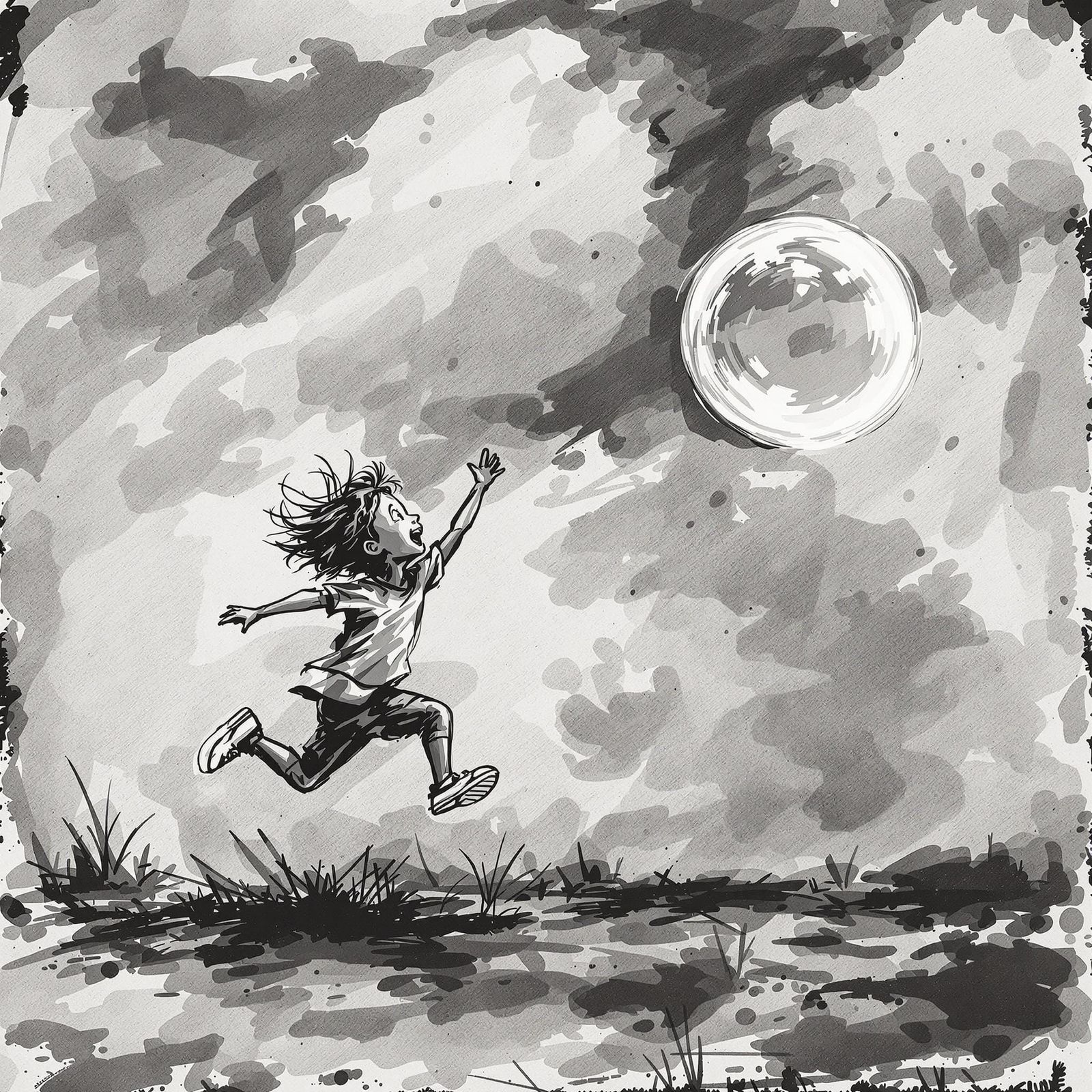 A dynamic, expressive depiction of a child running and jumpi...