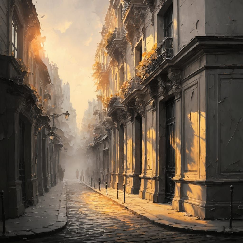 Golden Light on Ancient Parisian Street in Expressive Acryli...