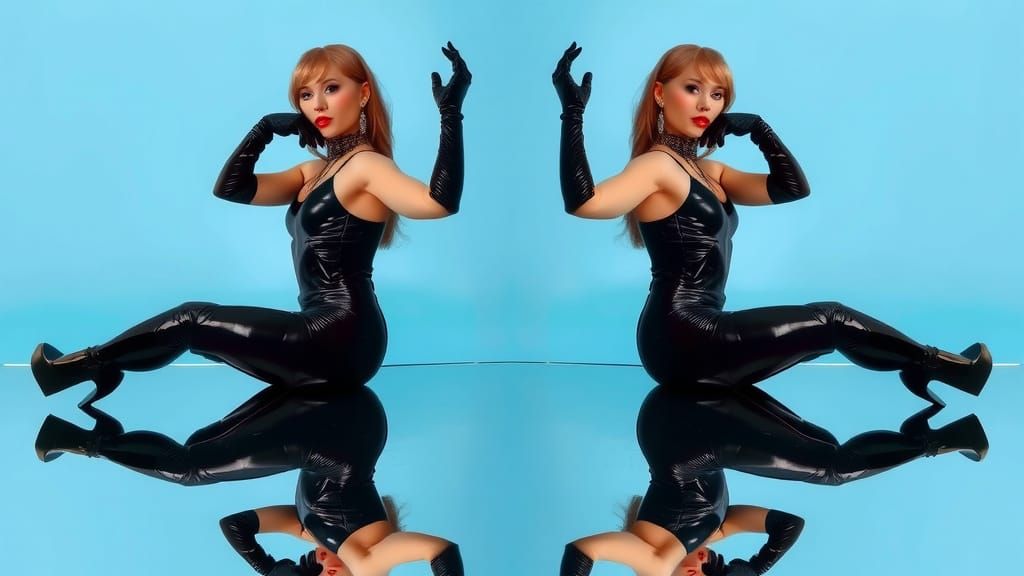 The image features a womans in a black latex bodysuit with long gloves. She is posed on mirror's floor in a kneeling pos...
