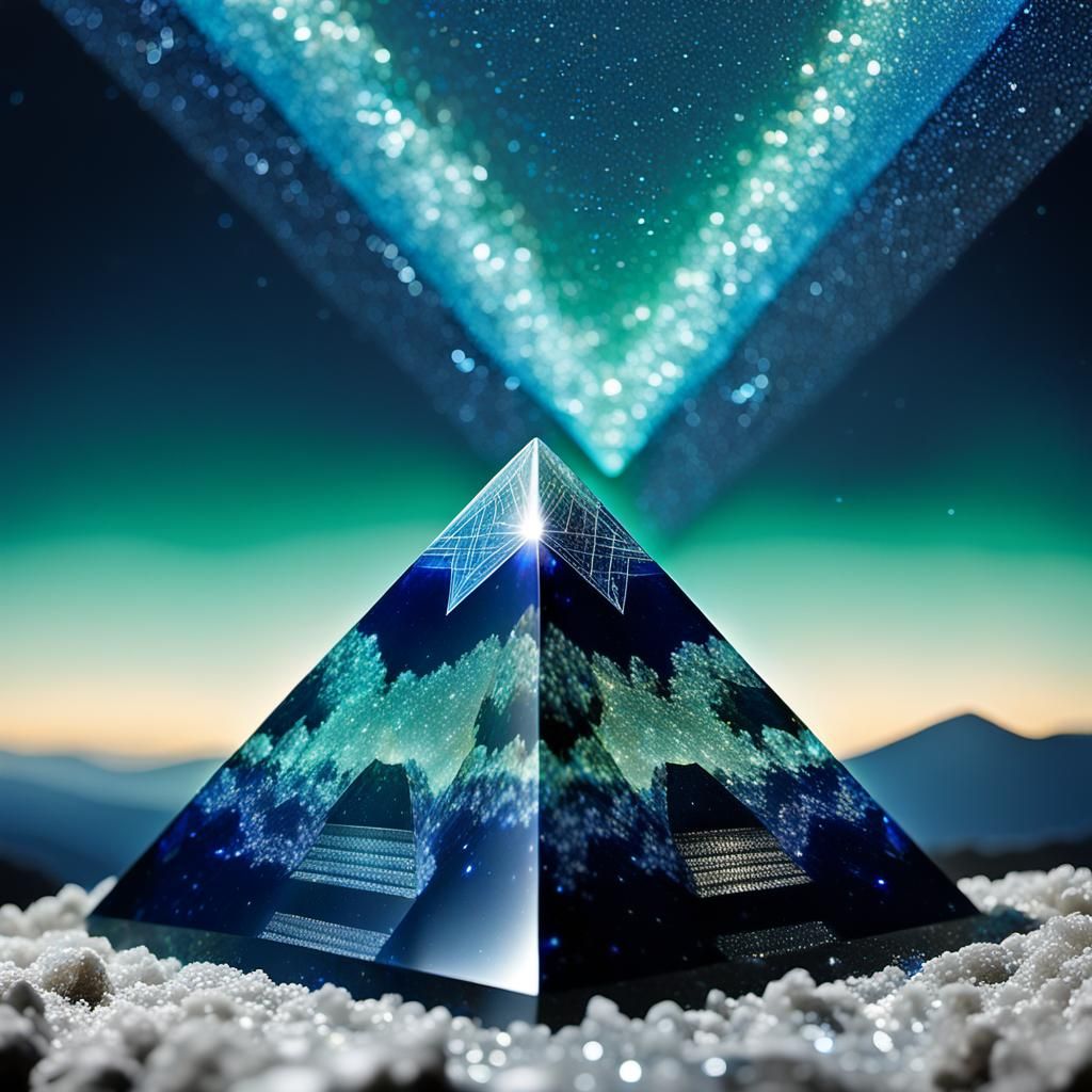 Crystalline Pyramid Under Indigo Sky in Double Exposure