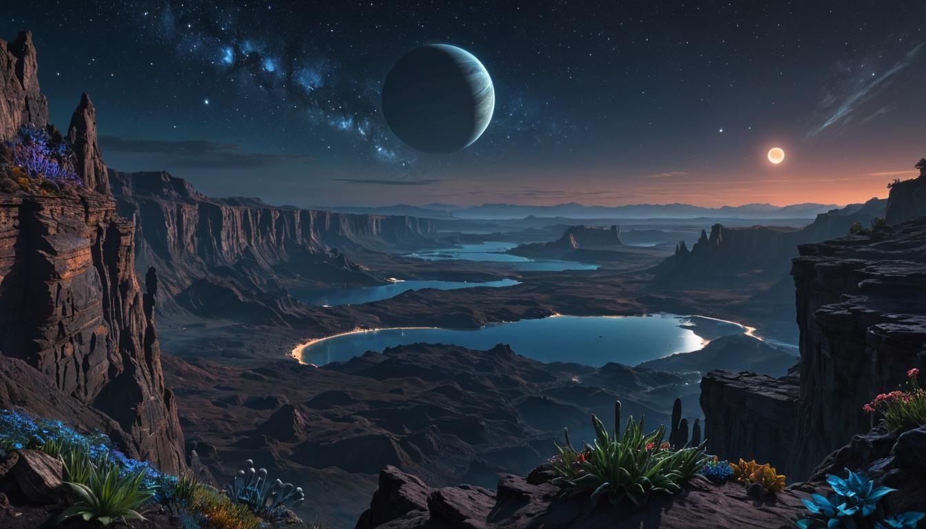 Gas Giant World at Midnight: Vibrant Bioluminescent Landscap...
