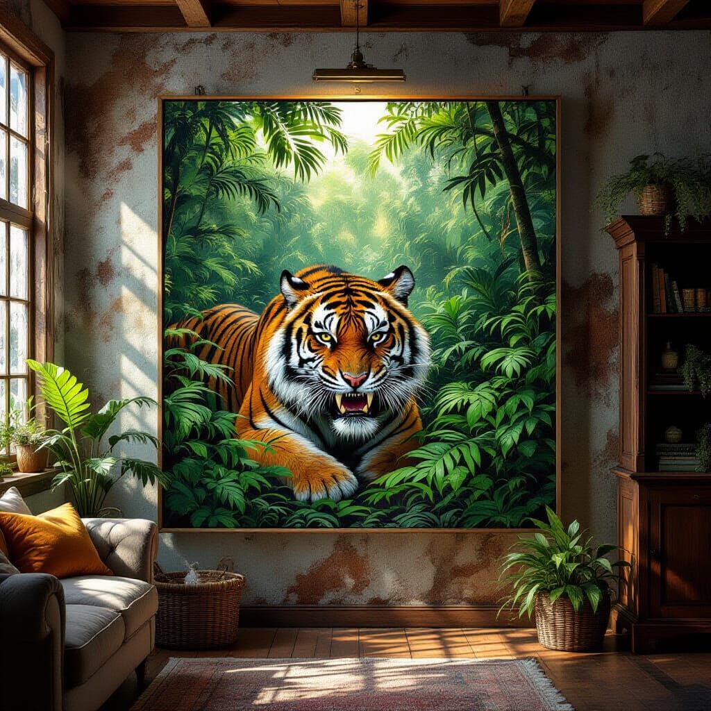 Jungle Painting With Tiger Emerging in Cozy Living Room