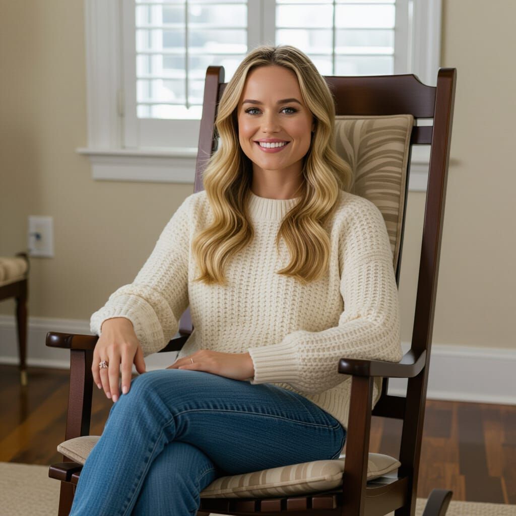 Brie Larson sitting in a rocking chair