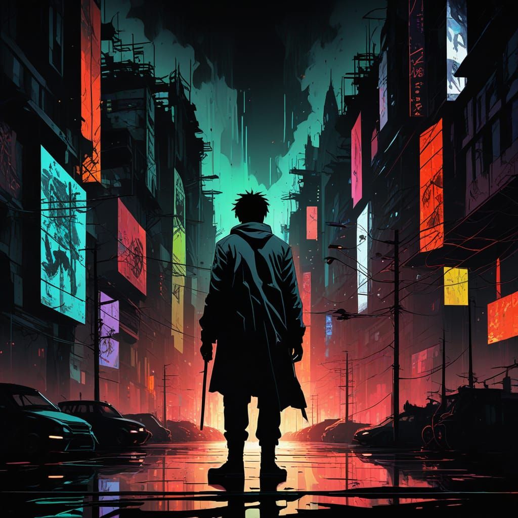 Dystopian Figure in Cityscape, Yoshitaka Amano Style