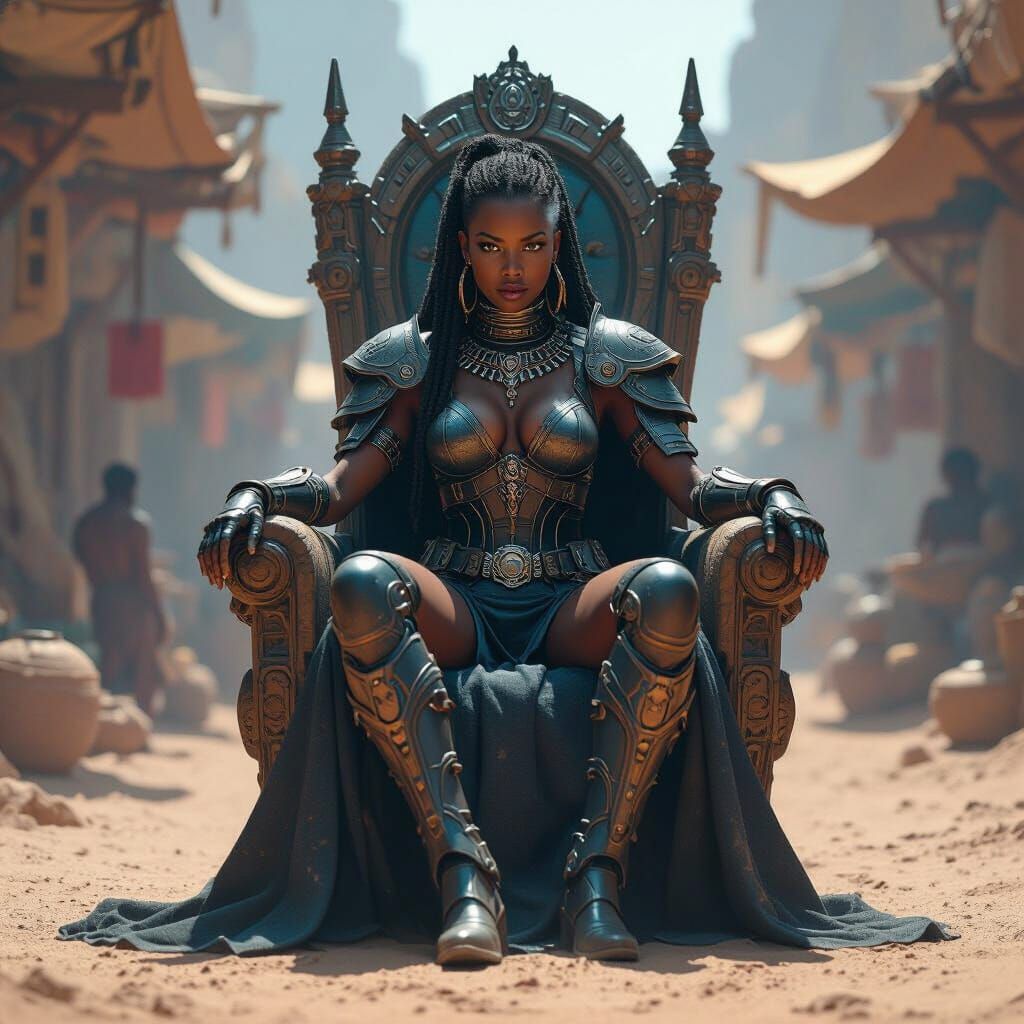 African Space Pirate Queen on Levitating Throne