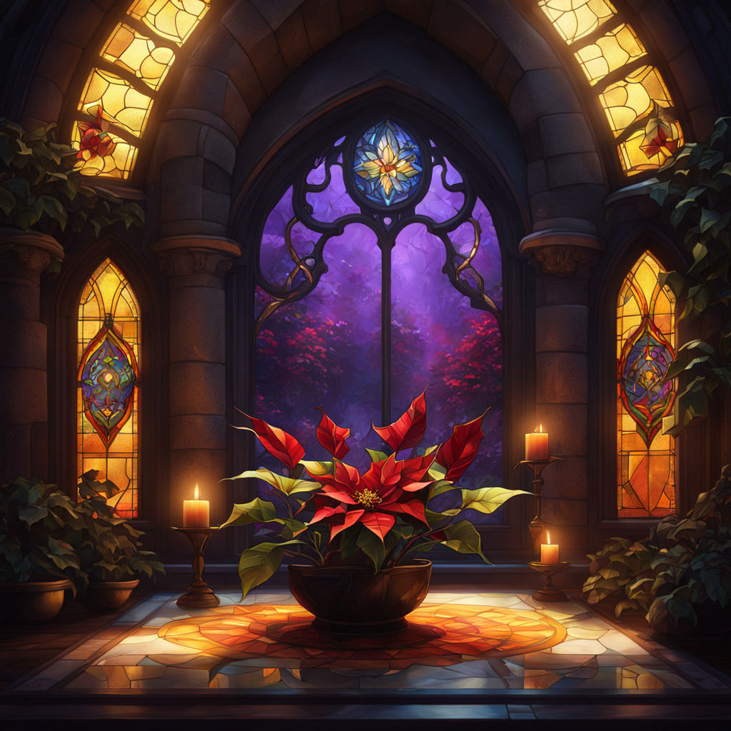 Majestic Poinsettia Blooms in Mystical Stained Glass