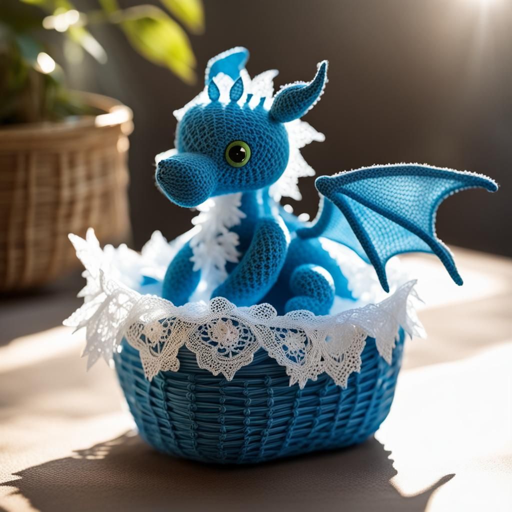 Artful Lace Blue Baby Dragon in Basket