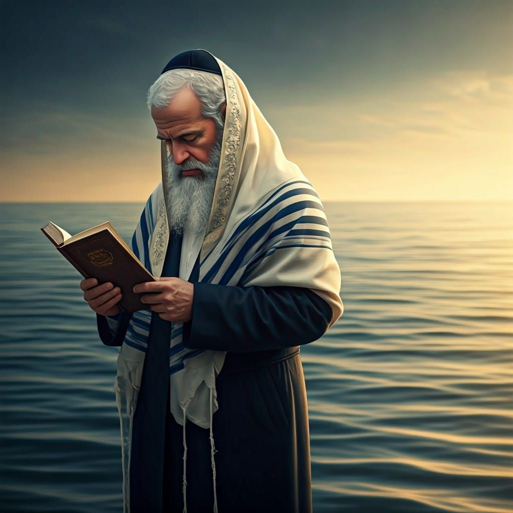 Ultra-Orthodox Jew in Devout Reflection at Serene Seashore