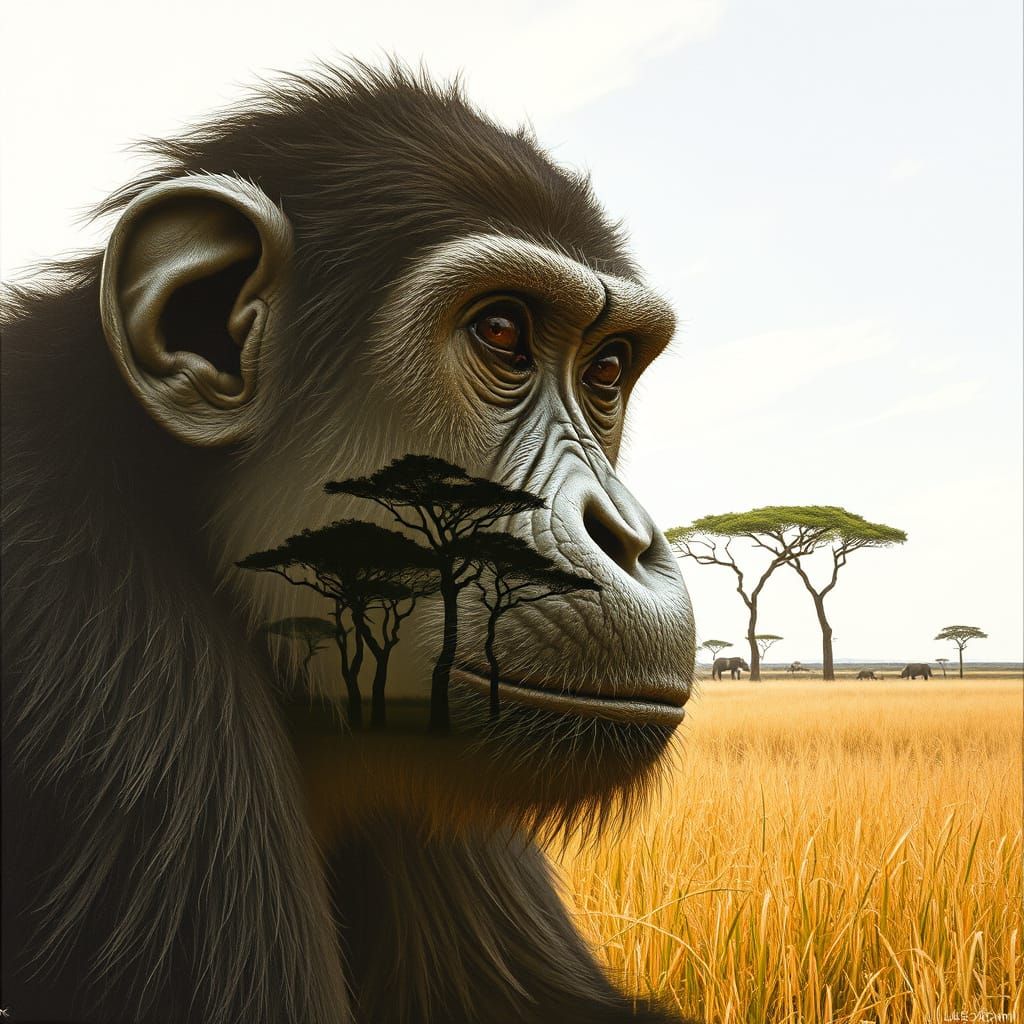 Double exposure portrait painting of a Ape