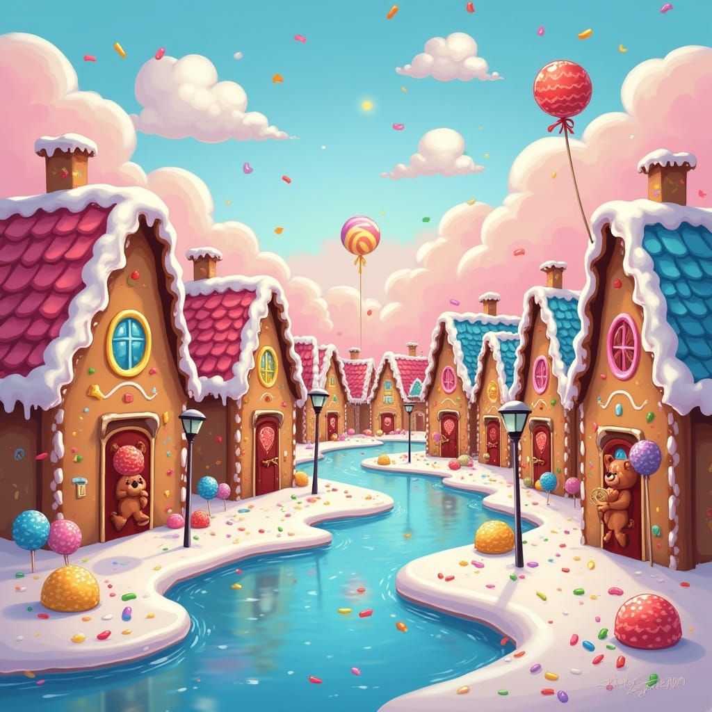 Cartoon Candy Village with Gingerbread Houses