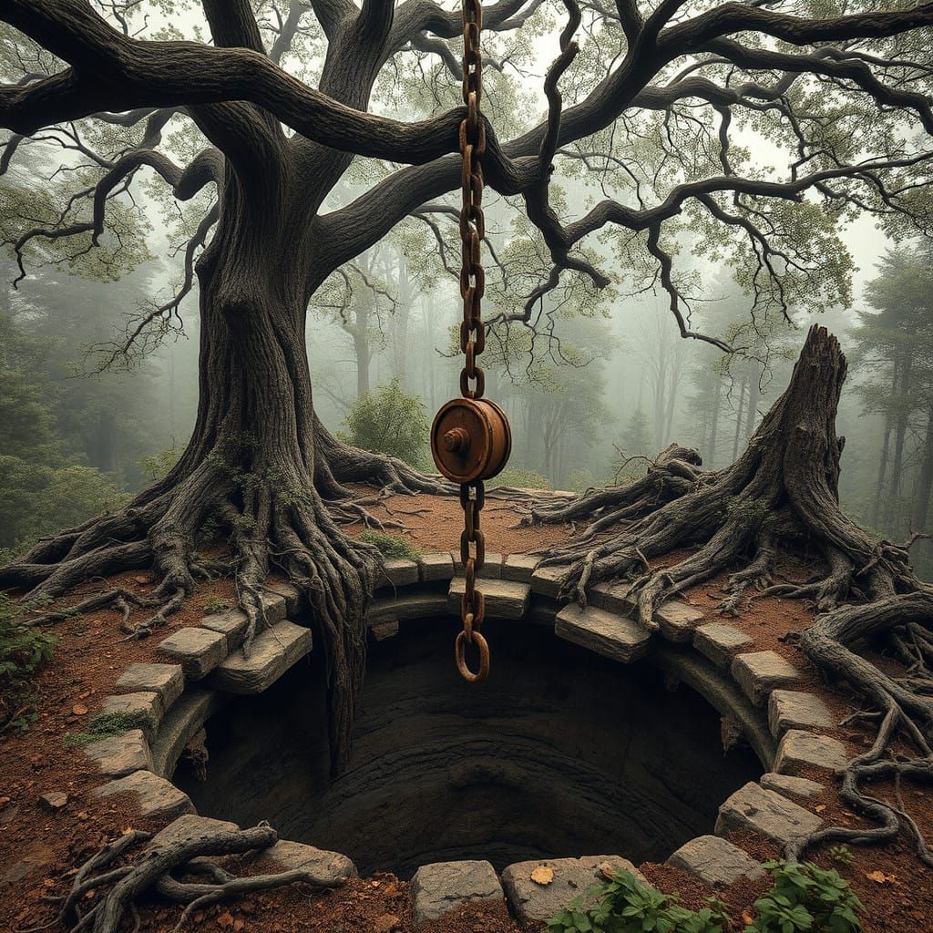 Ancient Oak Tree with Rusty Winch and Mysterious Hole