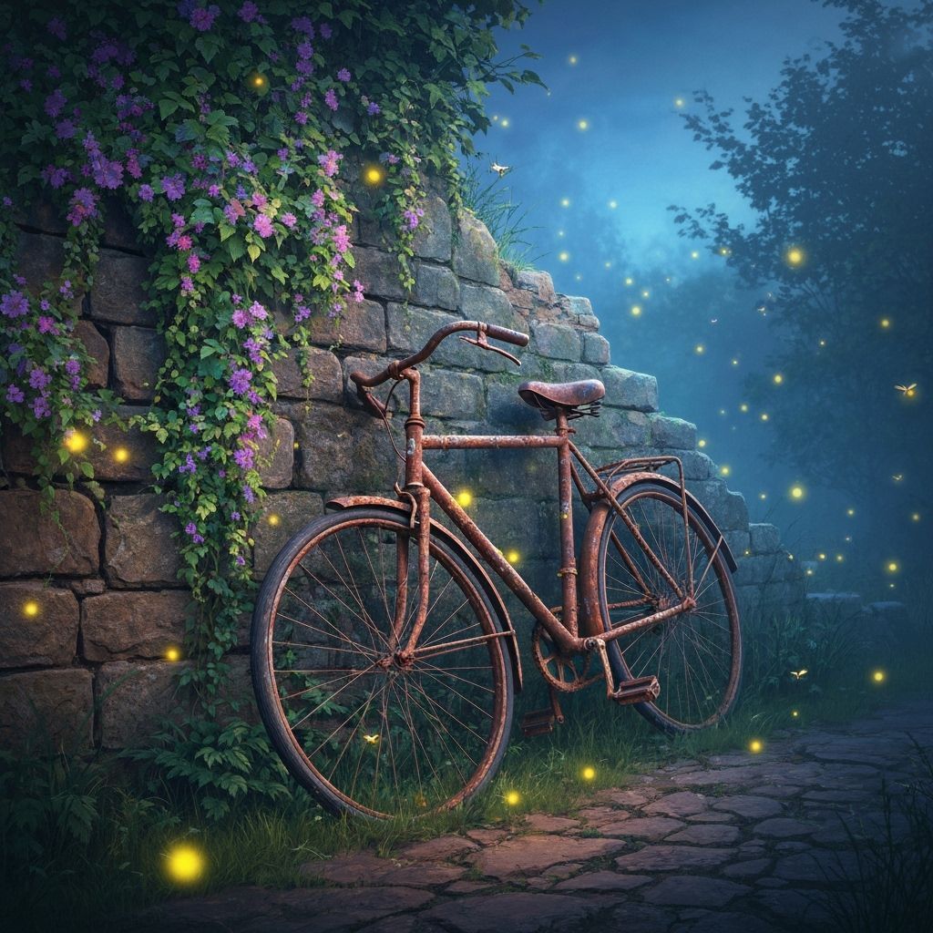Magical Vines Overgrow Abandoned Bicycle Near Stone Wall