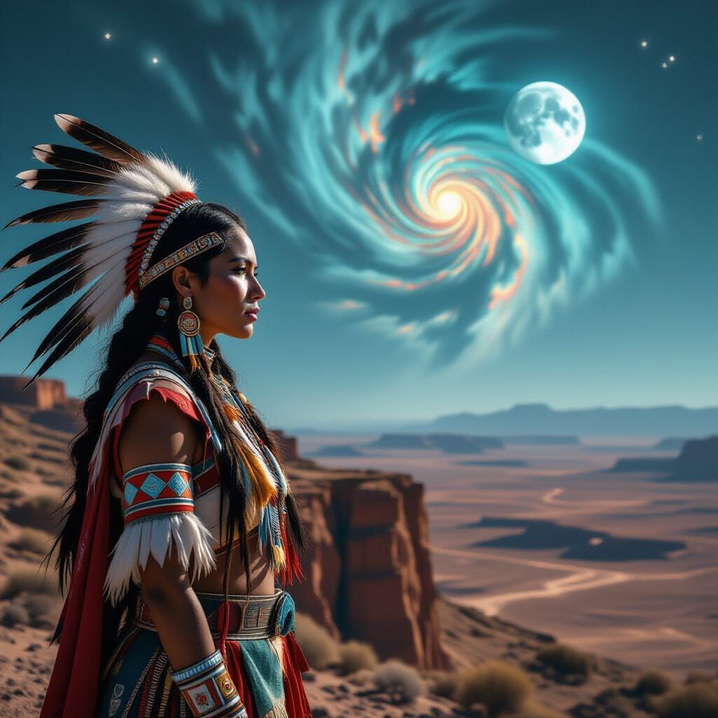 Indigenous Woman on Alien Cliff Overlooking Desert