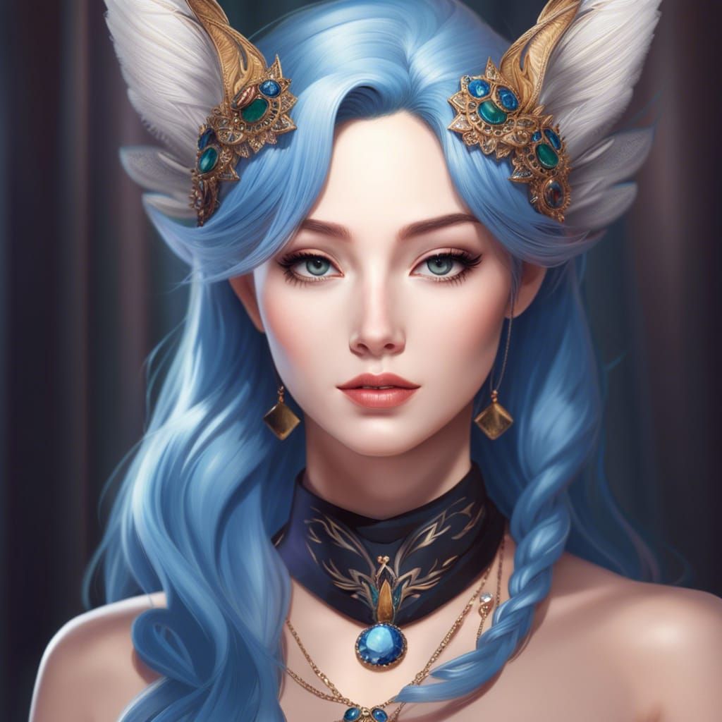 Blue-Haired Kitsune Elf Martial Artist Portrait