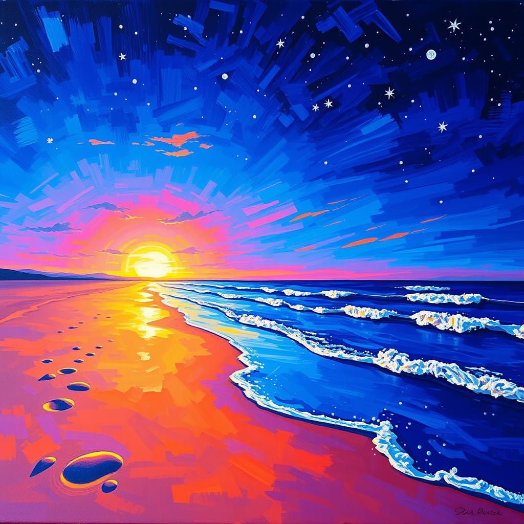 Vibrant Sunset Beach Scene in Neo-Impressionist Style