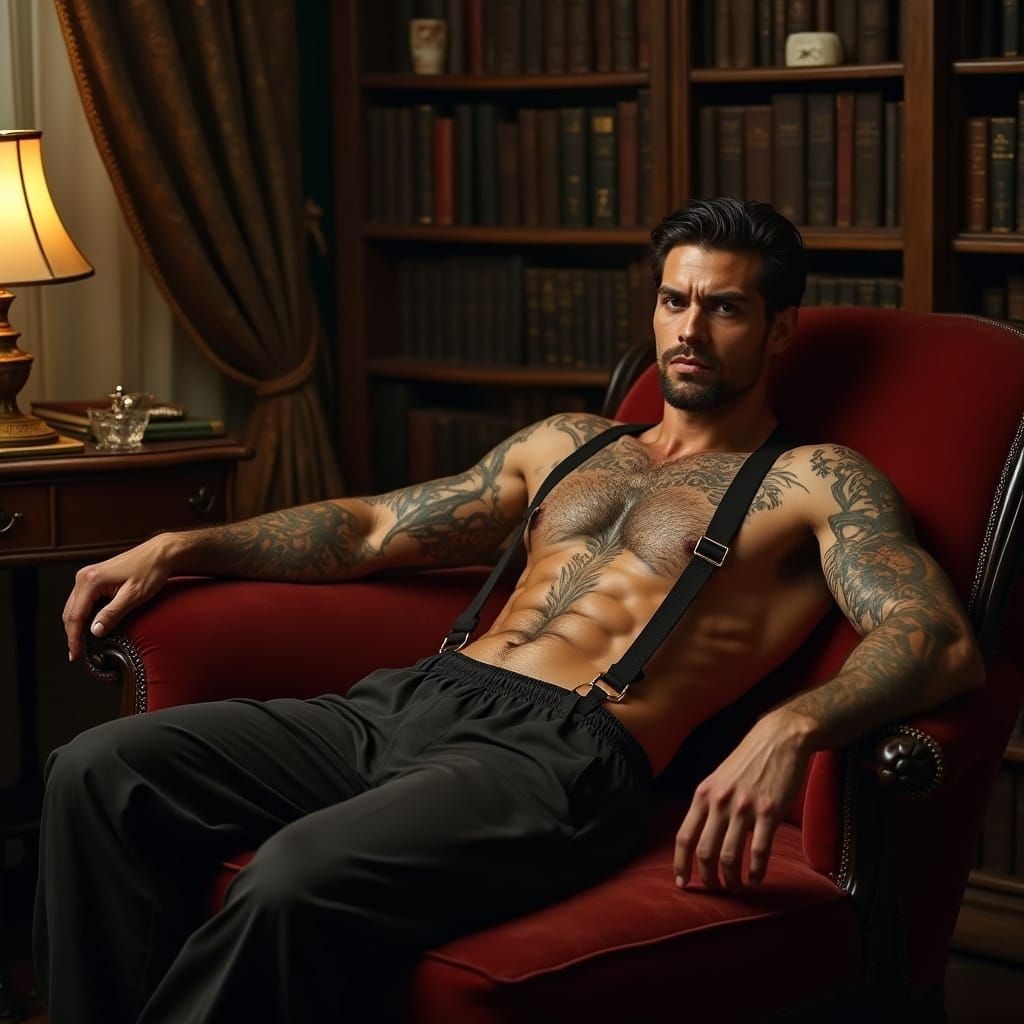 Man with Tattoos in Opulent Victorian Study