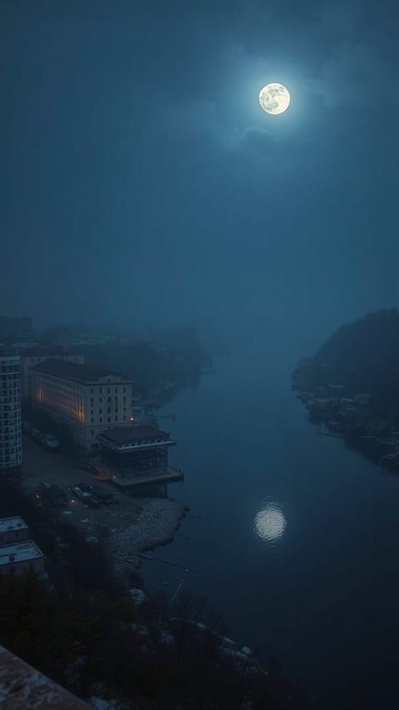 Hyperrealistic River Basin in Cold Moonlight
