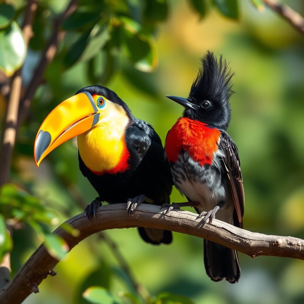 Vibrant Birds Perch on Sunlit Branch in Lush Forest