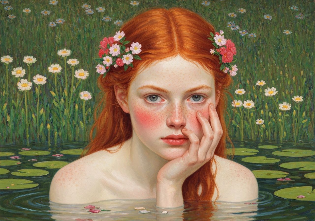Redhead Women Bathe in Pond: Art Nouveau Style