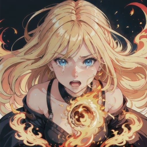 Girl with Flowing Blond Hair in Fire