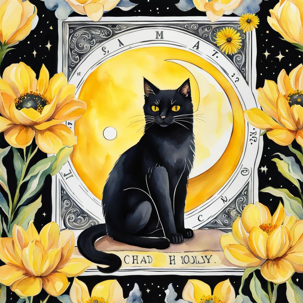Black Cat Tarot Card Watercolor Painting