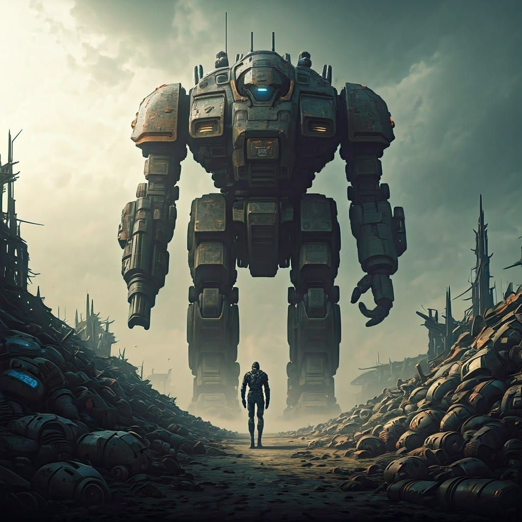 Colossal Robot Striding Through Cyberpunk Wasteland