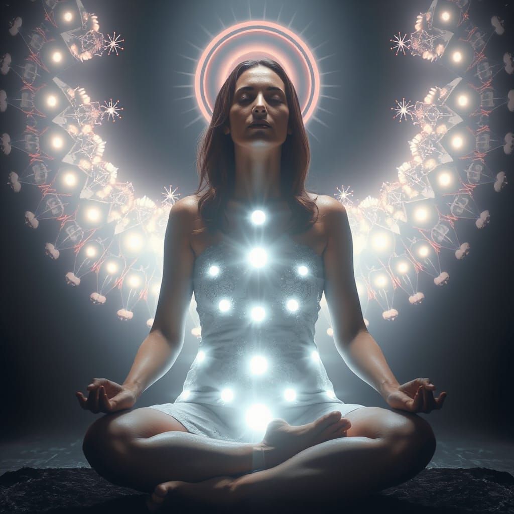 Meditating Woman with Chakras in Ethereal Light