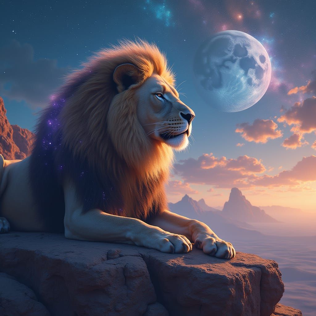 Lion with Starlight Mane in Alien Desert