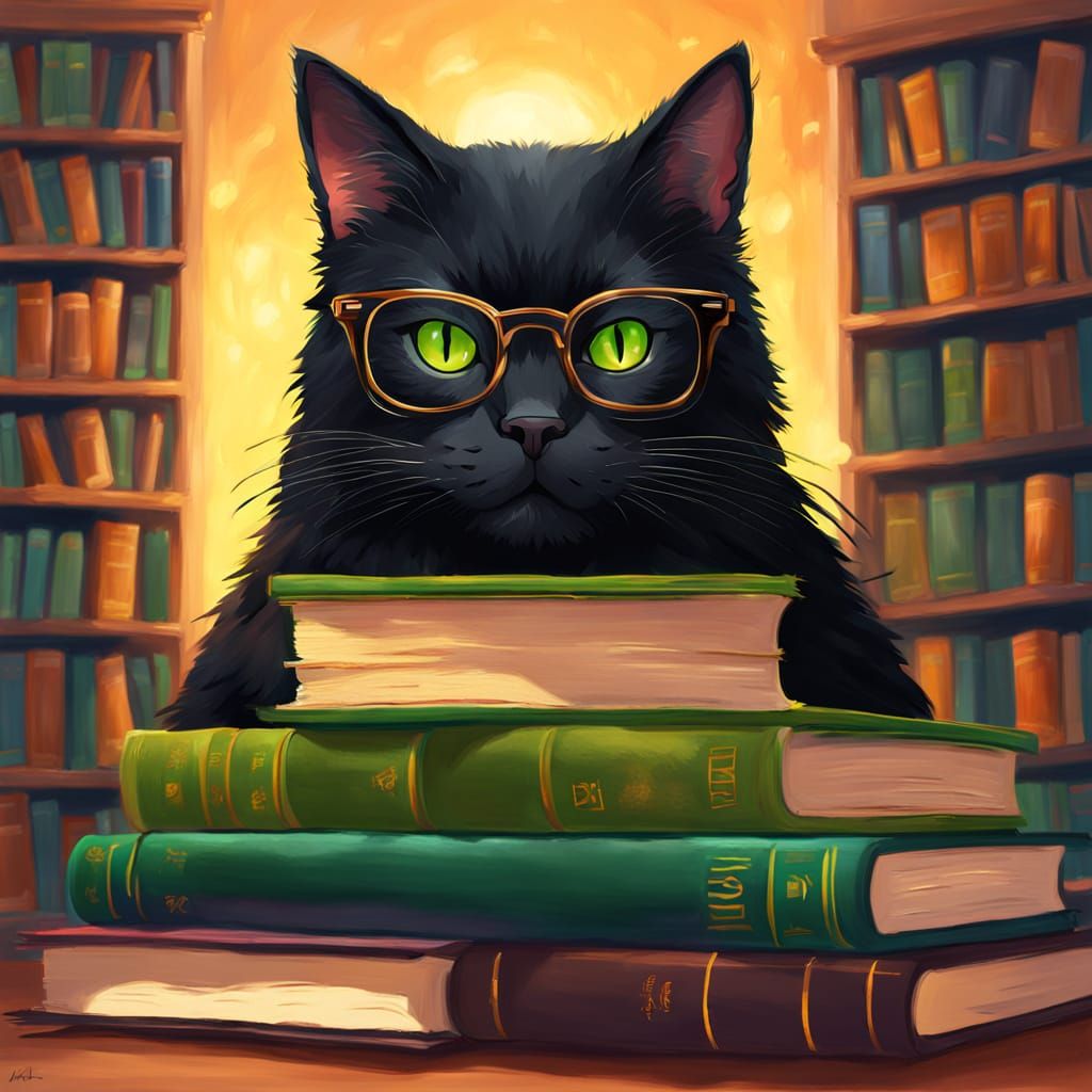 Whimsical Cat Librarian Portrait in Digital Painting Style