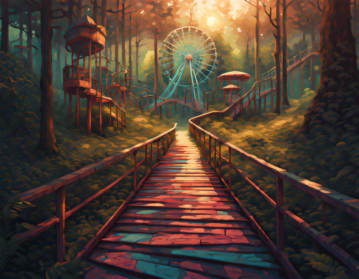 Abandoned Amusement Park Path: Hyperrealistic Splash Art