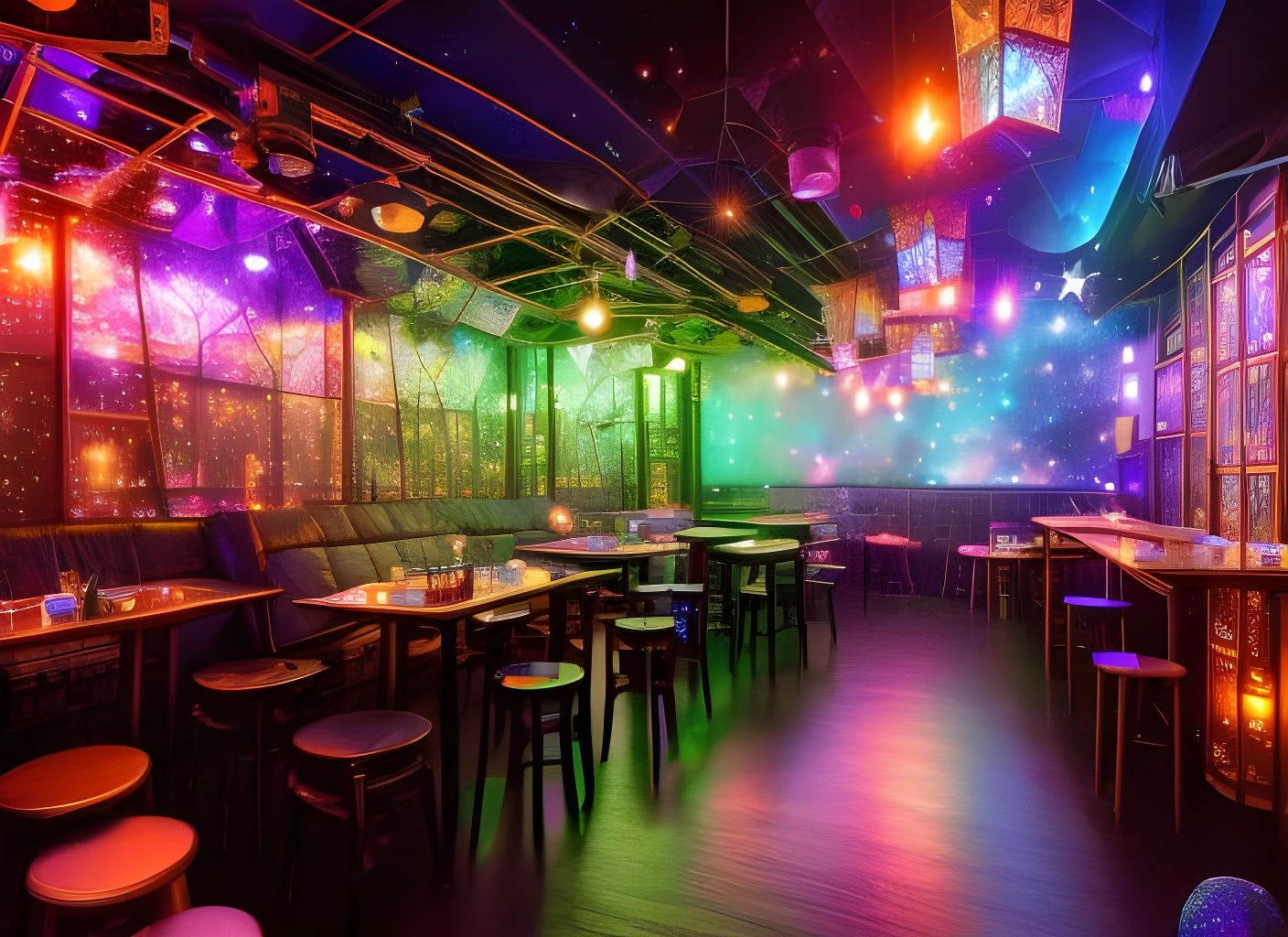 Galaxy Nebula Tavern with Twinklelights, Impressionistic Sty...