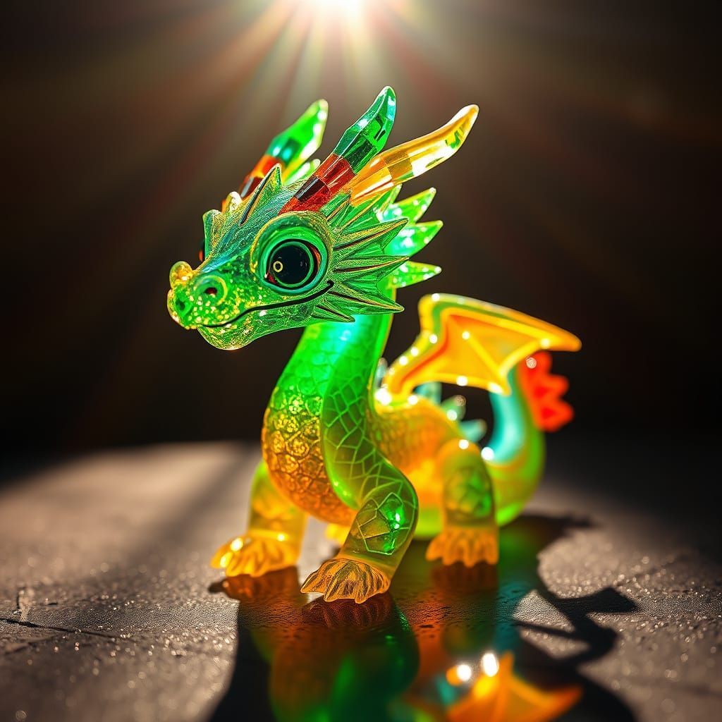 Neon Chibi Dragon Shimmers in Rainbow Light