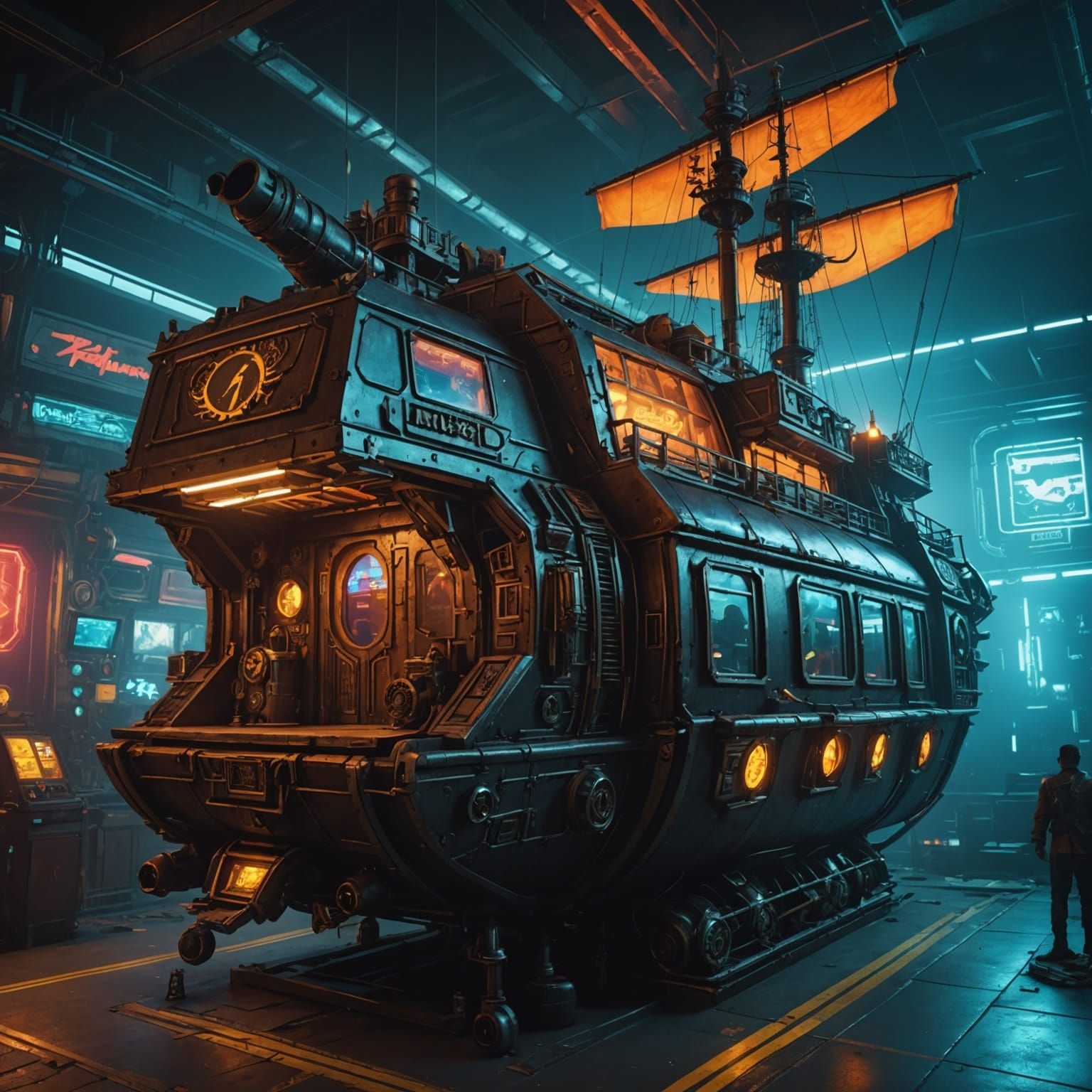 Steampunk Pirate Ship in Cyberpunk Neon City