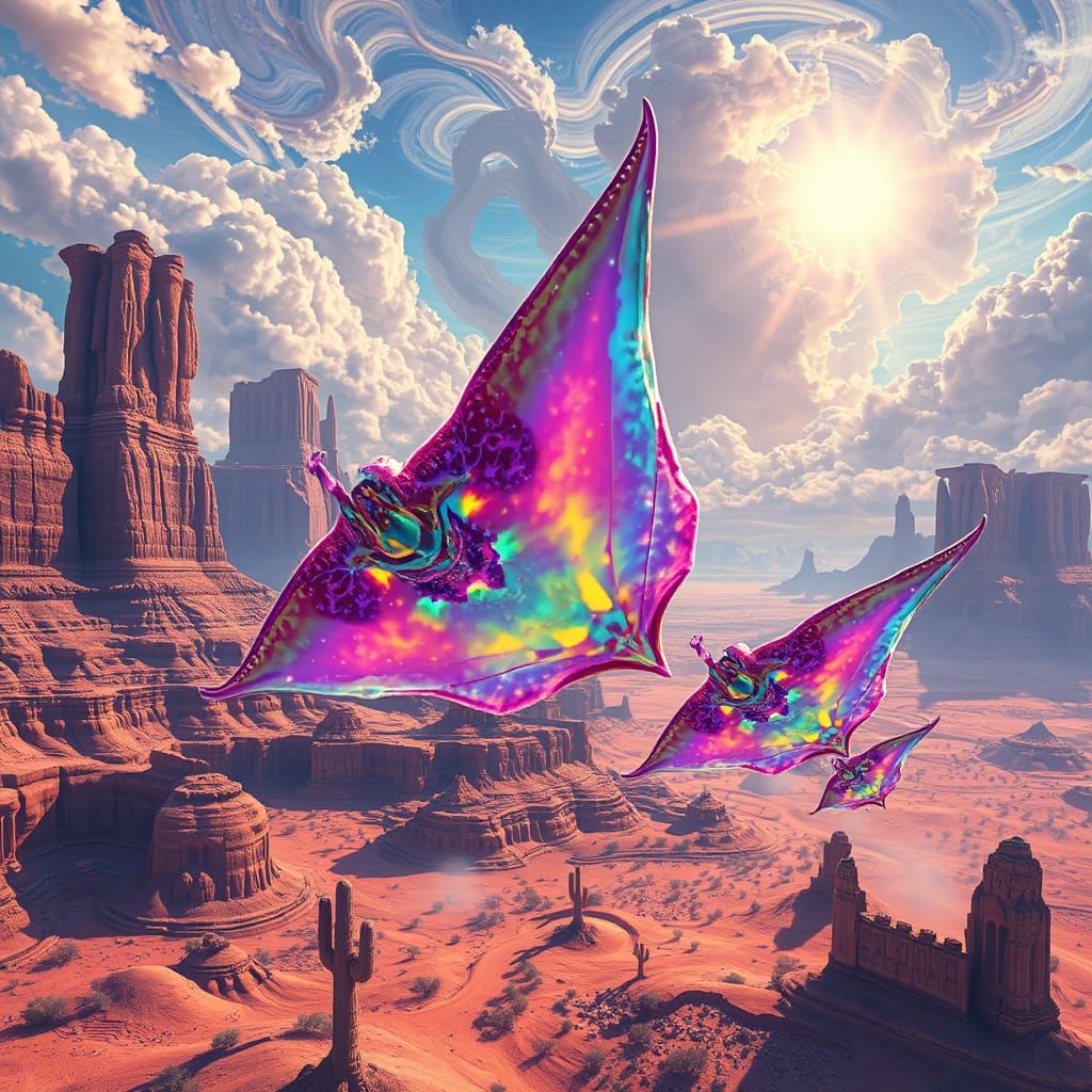 Crystallized Stingrays Soaring Over Psychedelic Desert
