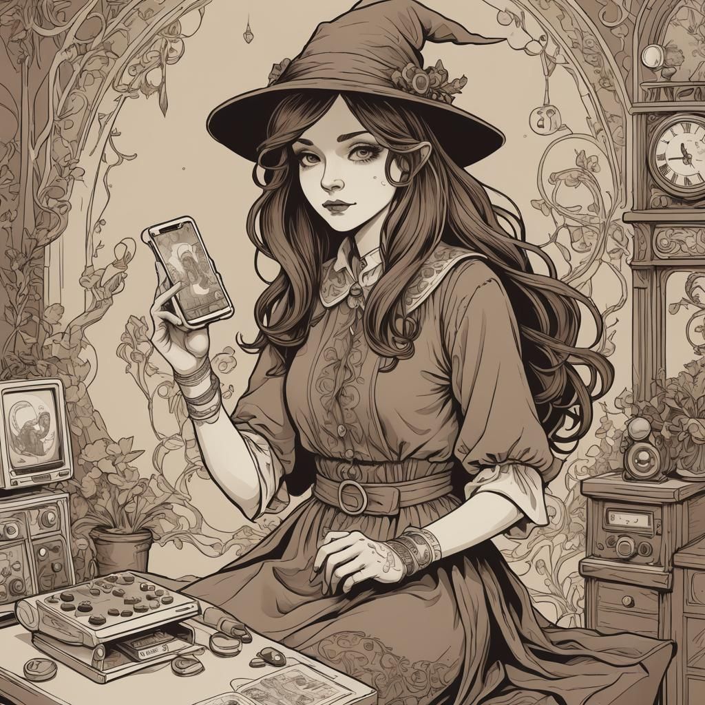 Art Nouveau Witch Gaming in Sepia Illustration