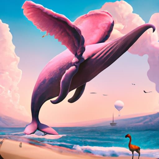 Whale Flamingo Hybrid Flies Over Beach as Surreal Art