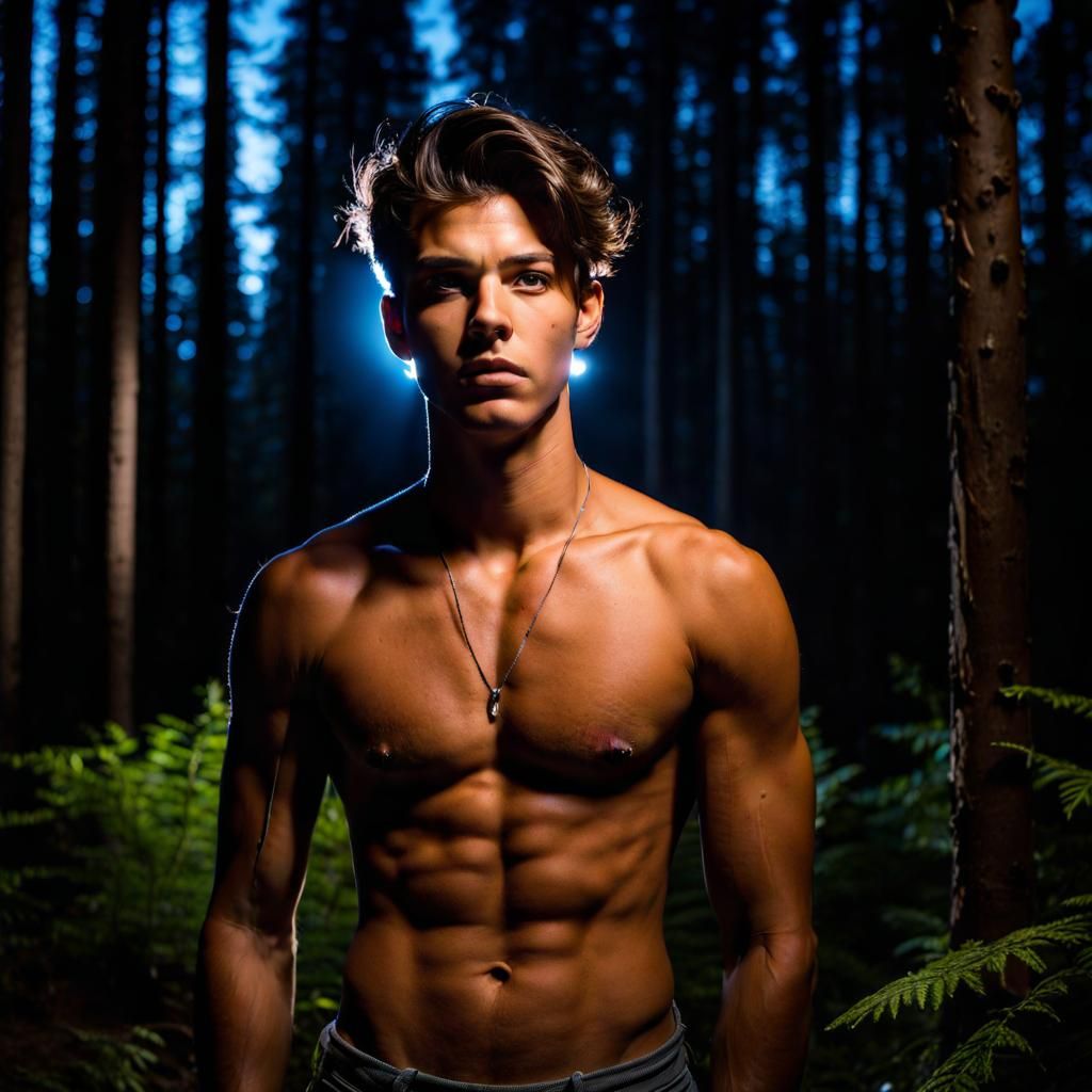 Shirtless Man in Stark Night Forest