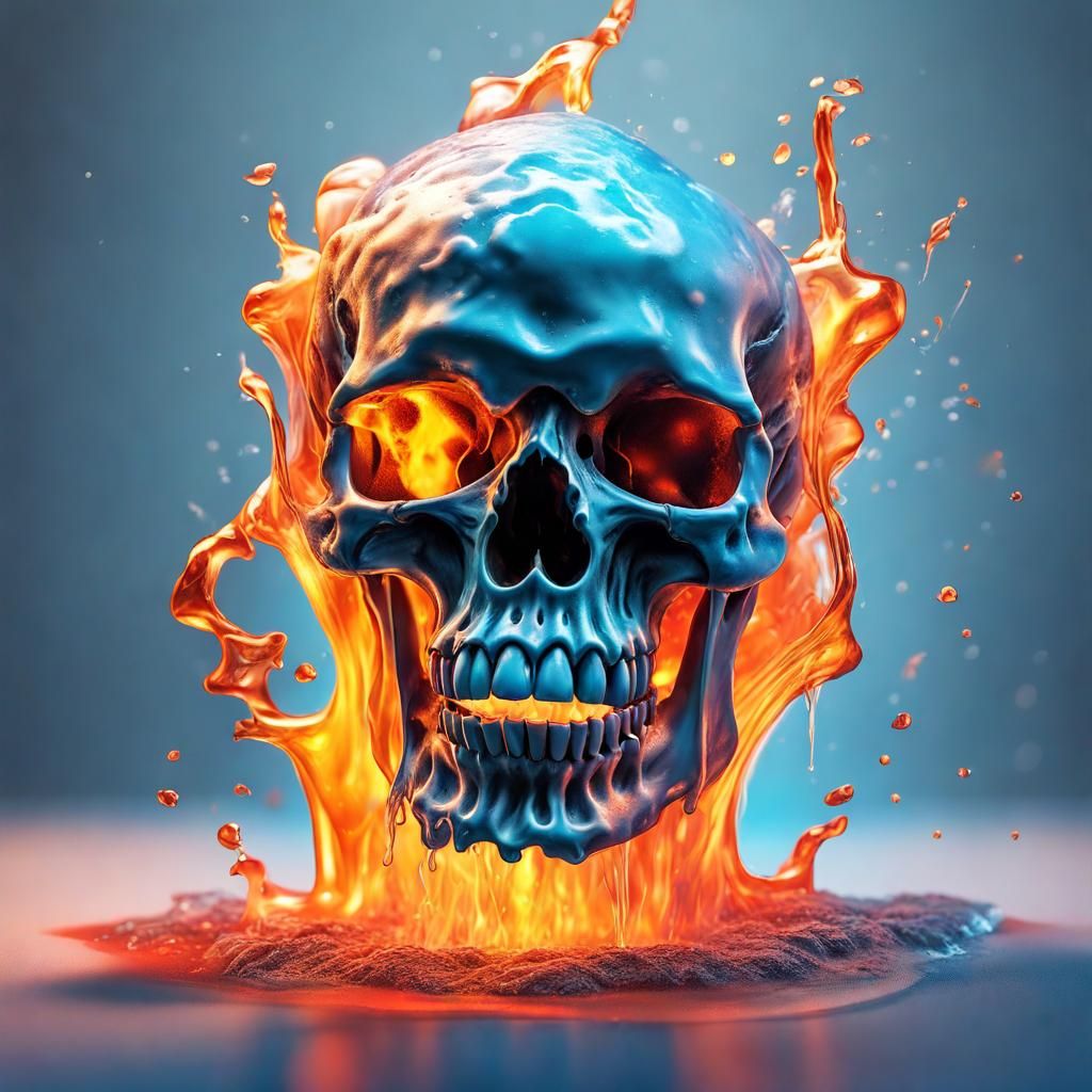 Burning Skull Head Melts Ice Block: Hyperrealistic Concept A...