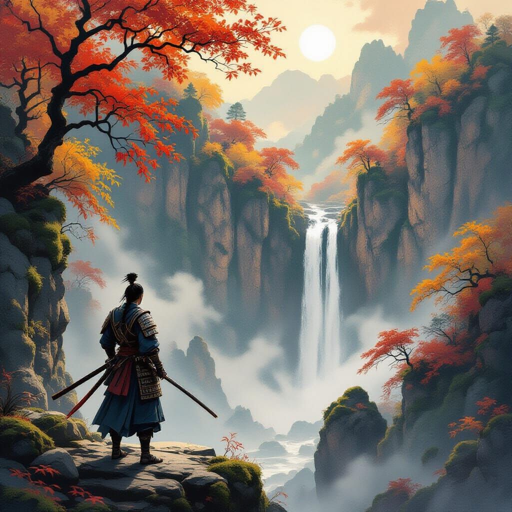 Samurai Warrior Overlooking Autumn Forest