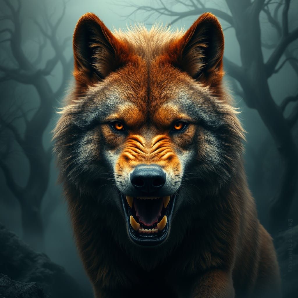 Majestic Brown Wolf in Mysterious Forest Landscape