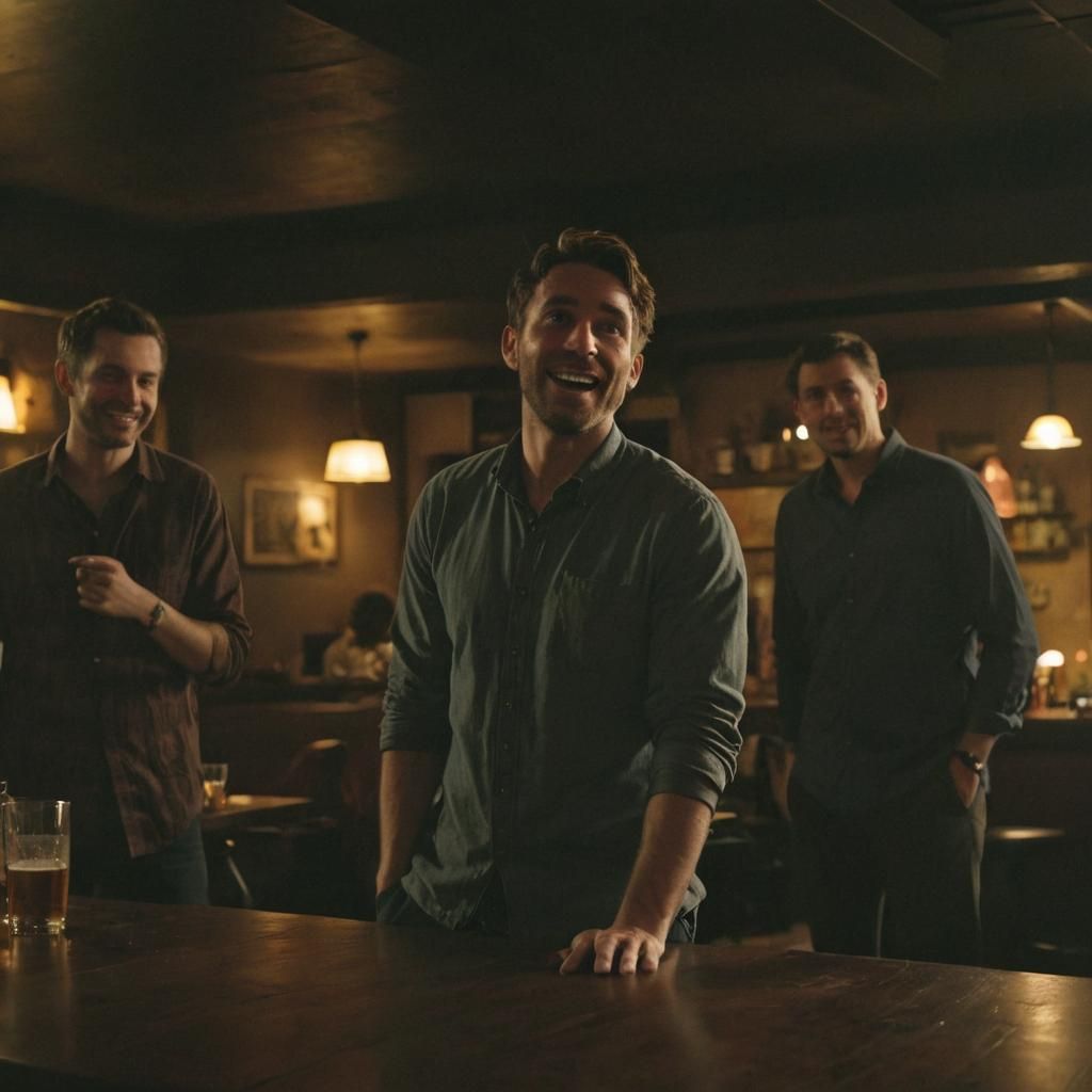 Man Telling Jokes at Bar in Film Noir Style